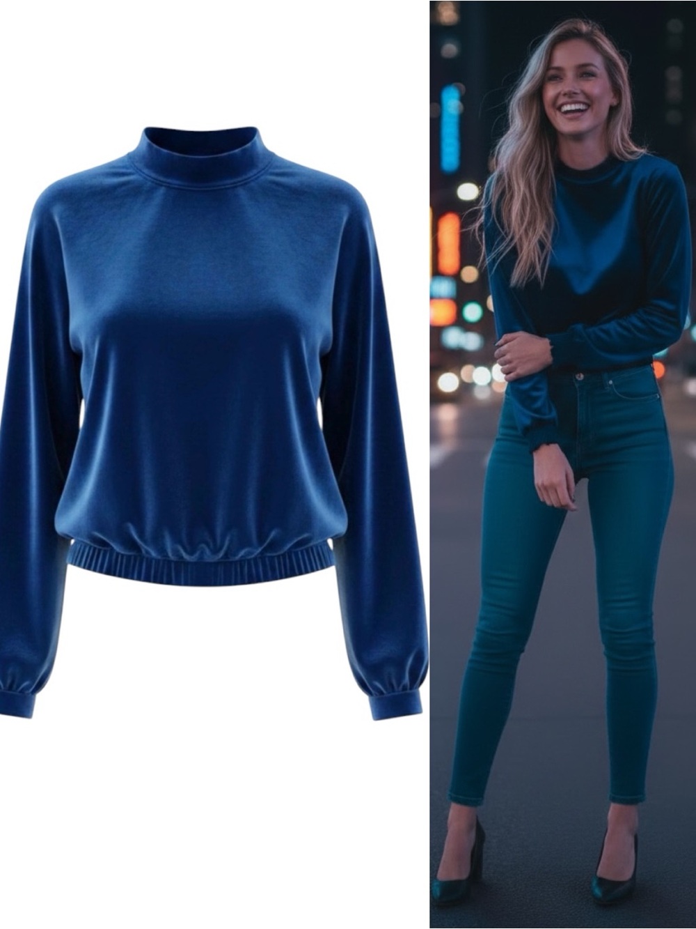 SHEIN Velvet Mock Neck Crewneck Top Cropped Blue Large